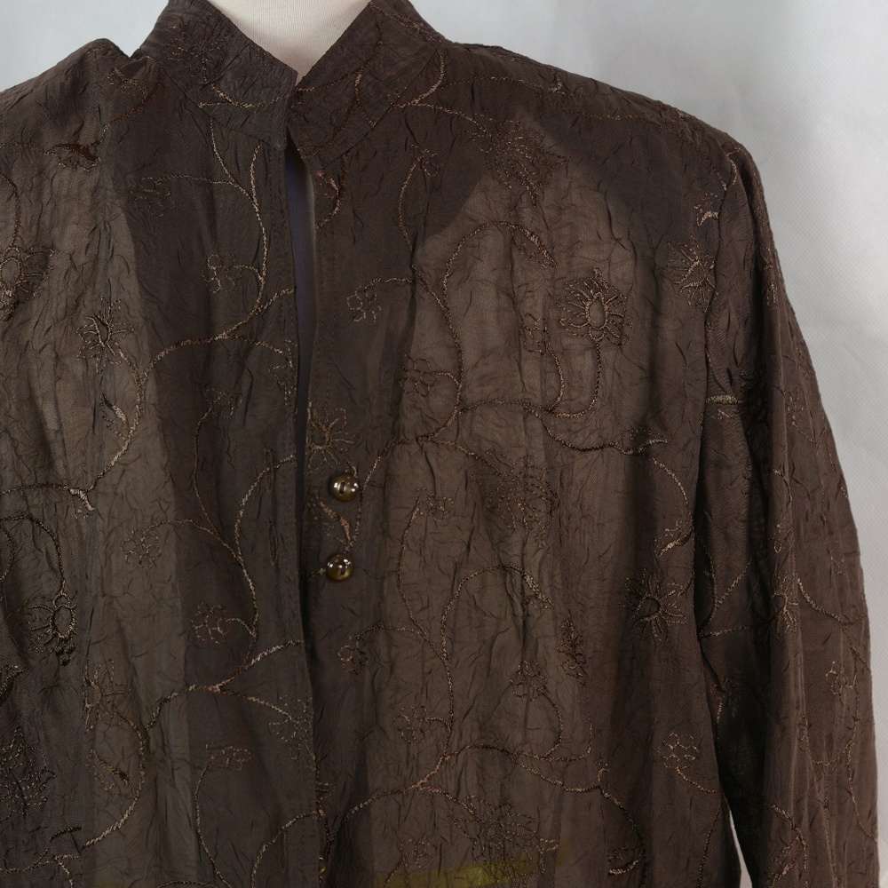 Gelco Light embroidered Brown Button Blouse Sz L
